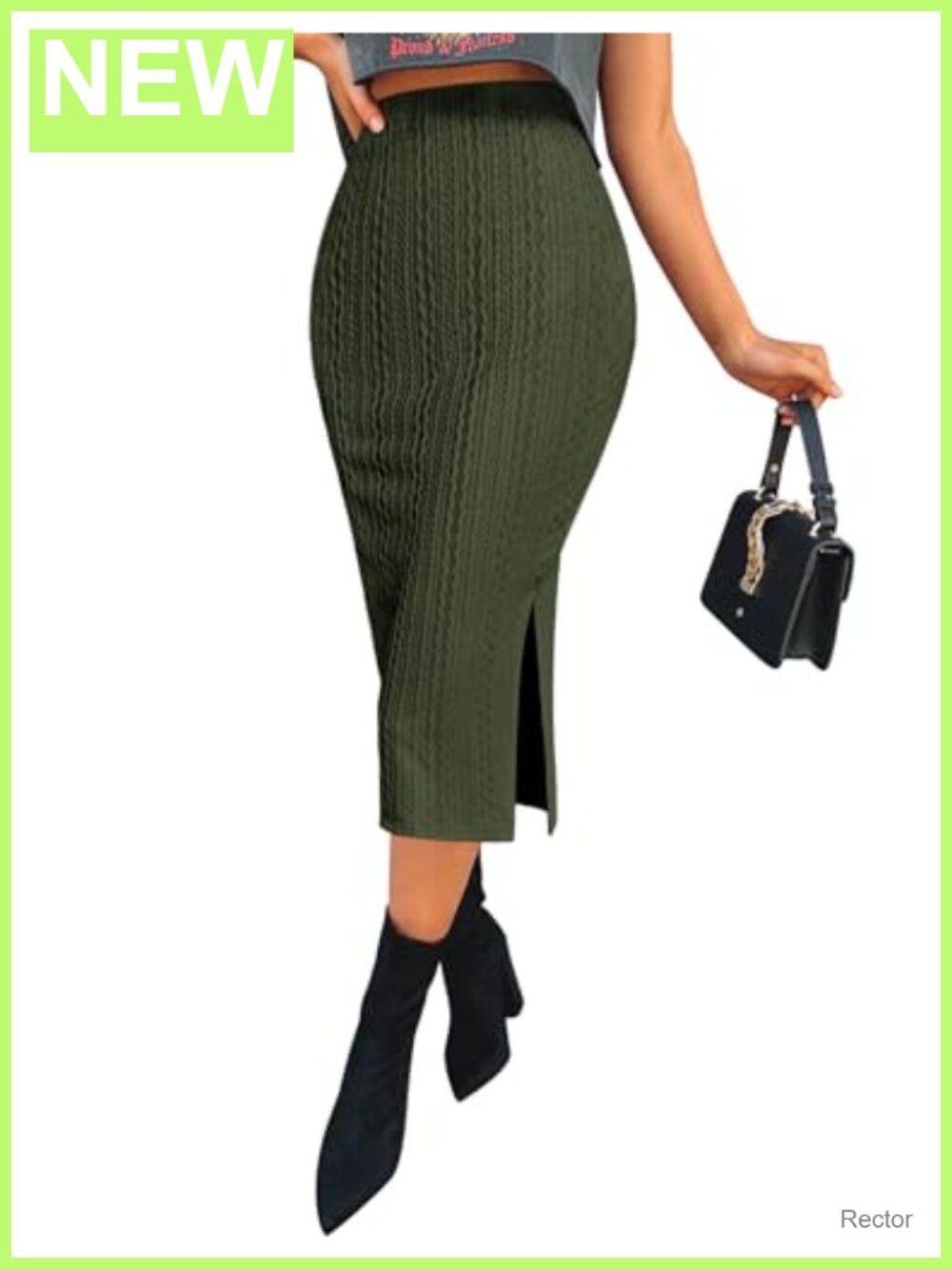 Knit Midi Pencil Skirt High Waisted Long Skirt with Slit Work Office